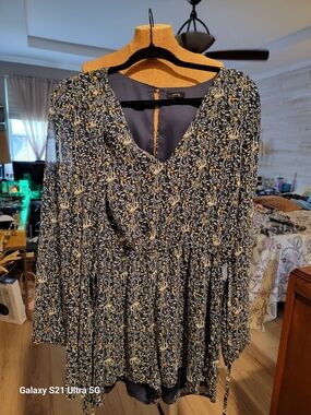 Women's Navy Floral Romper with Tie Waist